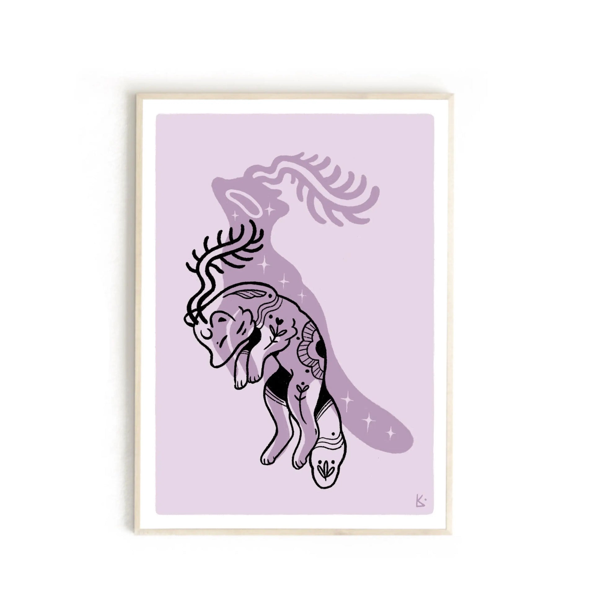 ForWalls.eu - Plakat Lis - Minimalist fox illustration with black line art overlay on muted lavender background, framed in light wood. - Luiza Kwiatkowska, plakat, print, Soul Animals