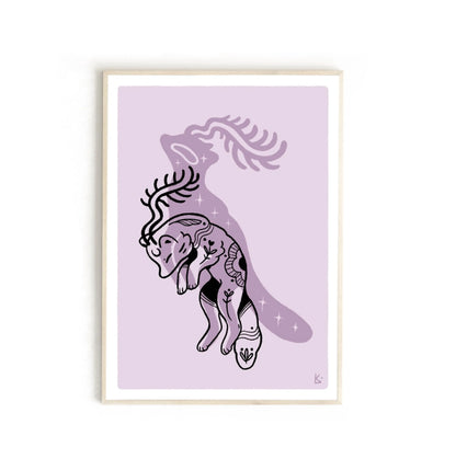 ForWalls.eu - Plakat Lis - Minimalist fox illustration with black line art overlay on muted lavender background, framed in light wood. - Luiza Kwiatkowska, plakat, print, Soul Animals