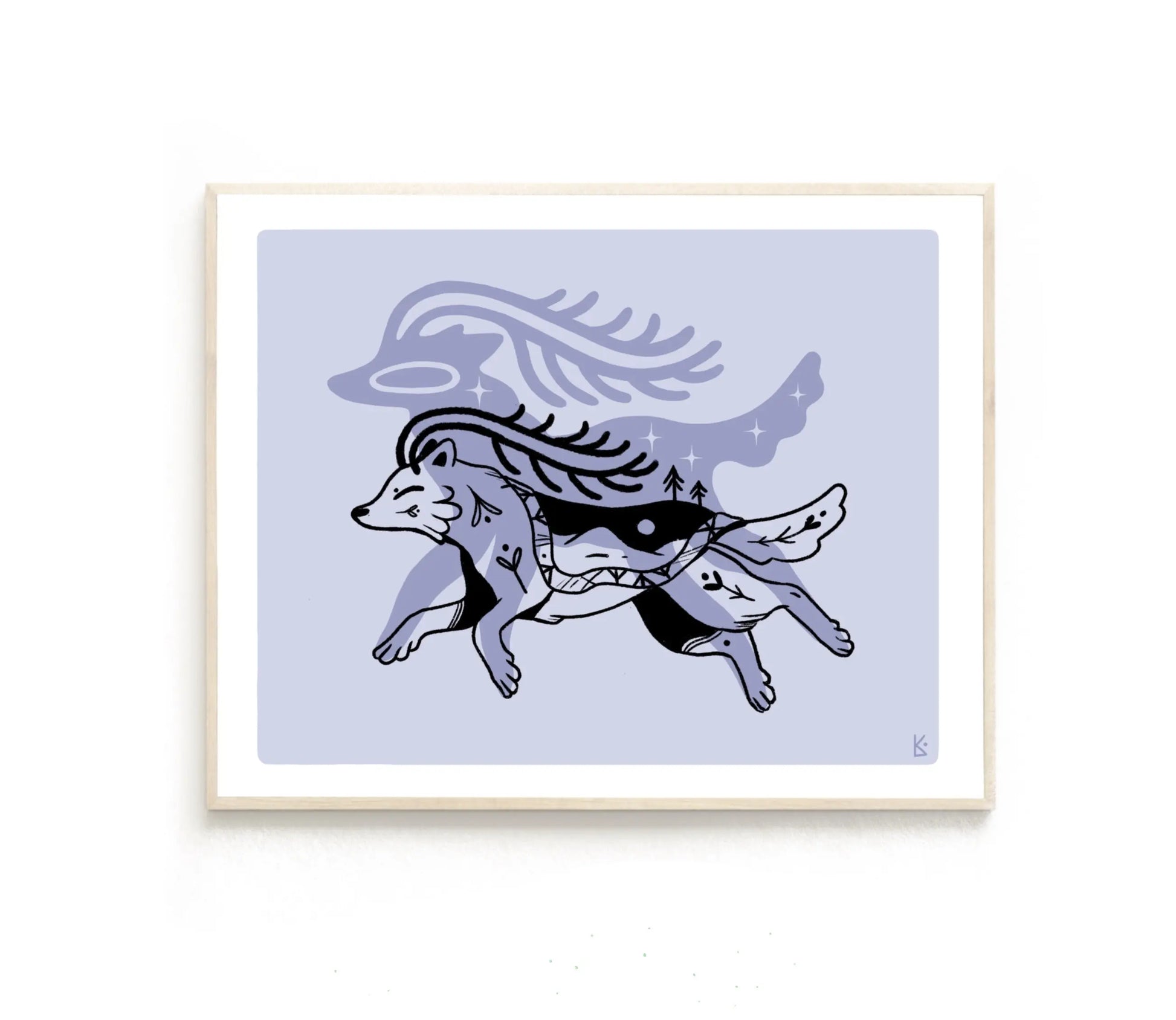 ForWalls.eu - Plakat Wilk - Framed print of a stylized wolf with tribal patterns in black and white on a muted lavender background. - Luiza Kwiatkowska, plakat, print, Soul Animals