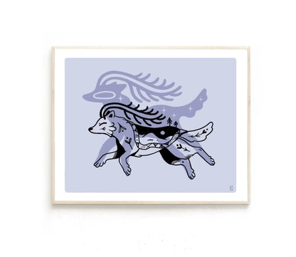 ForWalls.eu - Plakat Wilk - Framed print of a stylized wolf with tribal patterns in black and white on a muted lavender background. - Luiza Kwiatkowska, plakat, print, Soul Animals