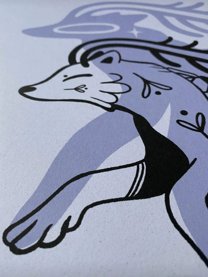 ForWalls.eu - Plakat Wilk - Close-up of minimalist wolf illustration in black and purple on textured off-white Corn Crush paper. - Luiza Kwiatkowska, plakat, print, Soul Animals
