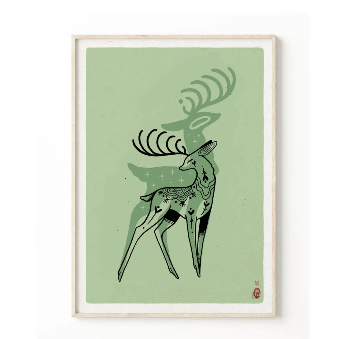 ForWalls.eu - Plakat Jeleń - Minimalist green poster featuring a stylized black and dark green deer with intricate antlers on a muted background. - export, Luiza Kwiatkowska, plakat, print, Soul Animals