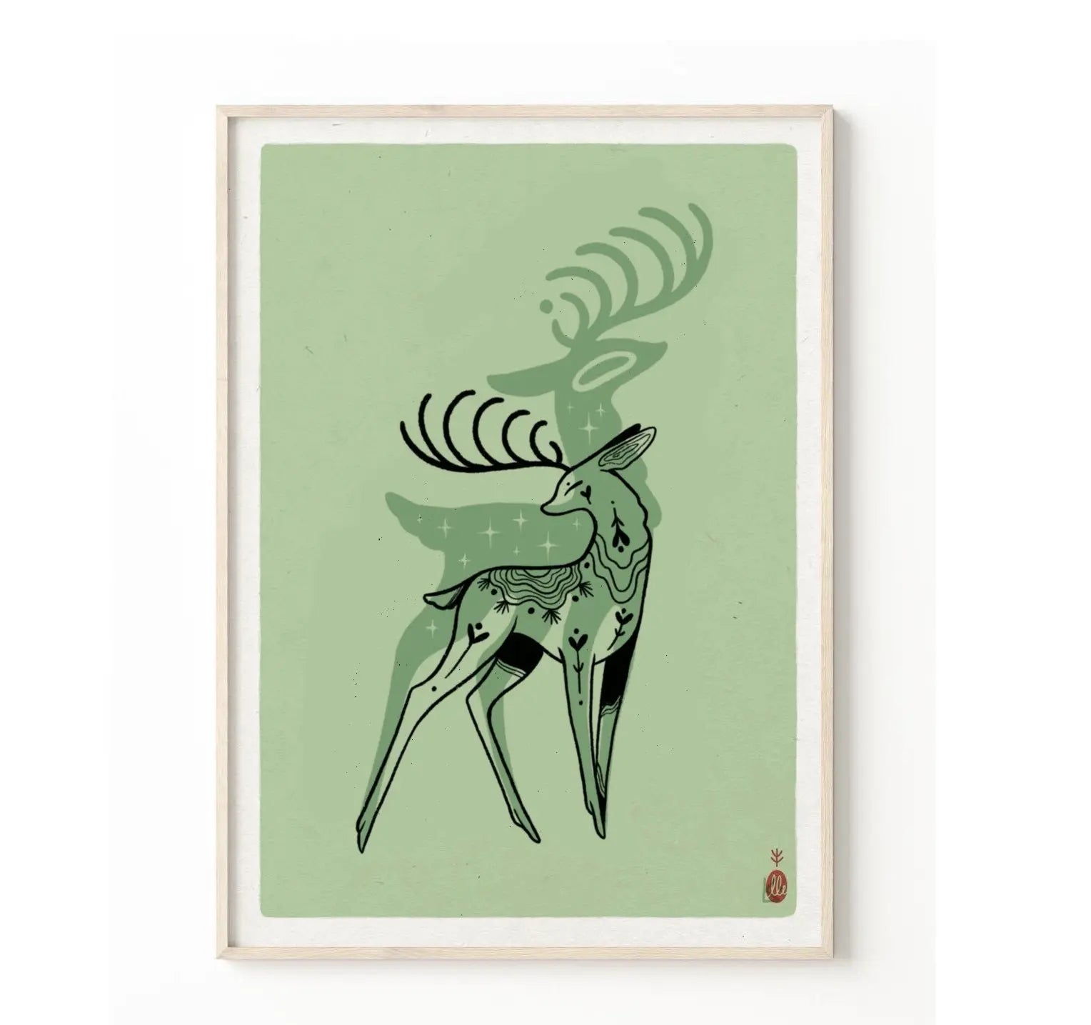 ForWalls.eu - Plakat Jeleń - Minimalist green poster featuring a stylized black and dark green deer with intricate antlers on a muted background. - export, Luiza Kwiatkowska, plakat, print, Soul Animals