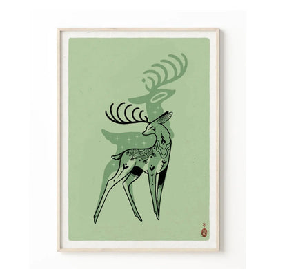 ForWalls.eu - Plakat Jeleń - Minimalist green poster featuring a stylized black and dark green deer with intricate antlers on a muted background. - export, Luiza Kwiatkowska, plakat, print, Soul Animals