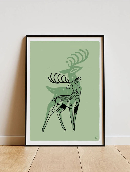 ForWalls.eu - Plakat Jeleń - Minimalist art print of a stylized black deer with patterned spots on a muted green background in a black frame. - export, Luiza Kwiatkowska, plakat, print, Soul Animals