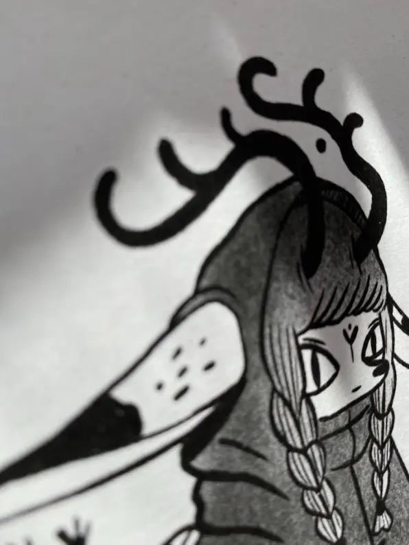 ForWalls.eu - Plakat Lightworker - Black and white minimalist illustration of a girl with braids and abstract antler-like shapes on a textured paper background. - export, Luiza Kwiatkowska, plakat, print