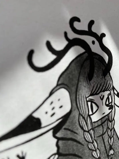 ForWalls.eu - Plakat Lightworker - Black and white minimalist illustration of a girl with braids and abstract antler-like shapes on a textured paper background. - export, Luiza Kwiatkowska, plakat, print