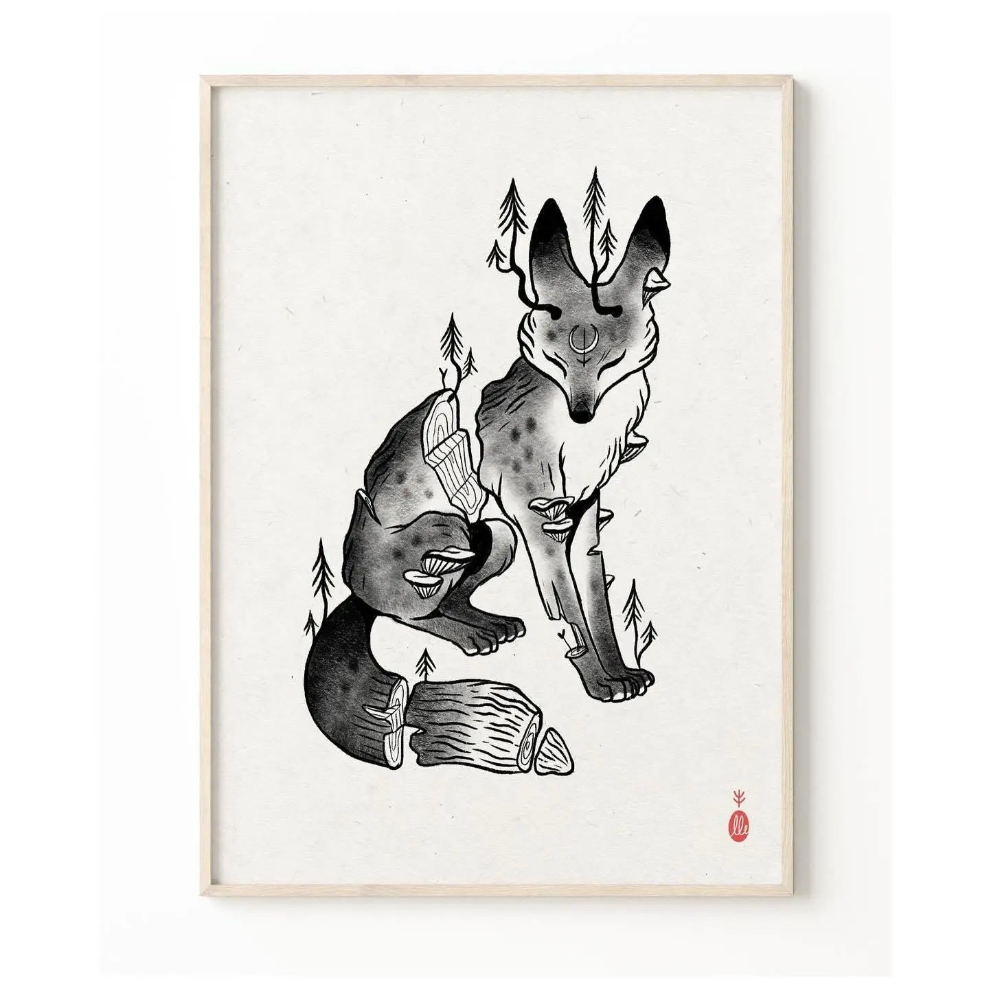 ForWalls.eu - Plakat Las - Minimalist black and white fox silhouette with stylized tree shapes inside, framed in light wood on off-white background. - Luiza Kwiatkowska, plakat, print