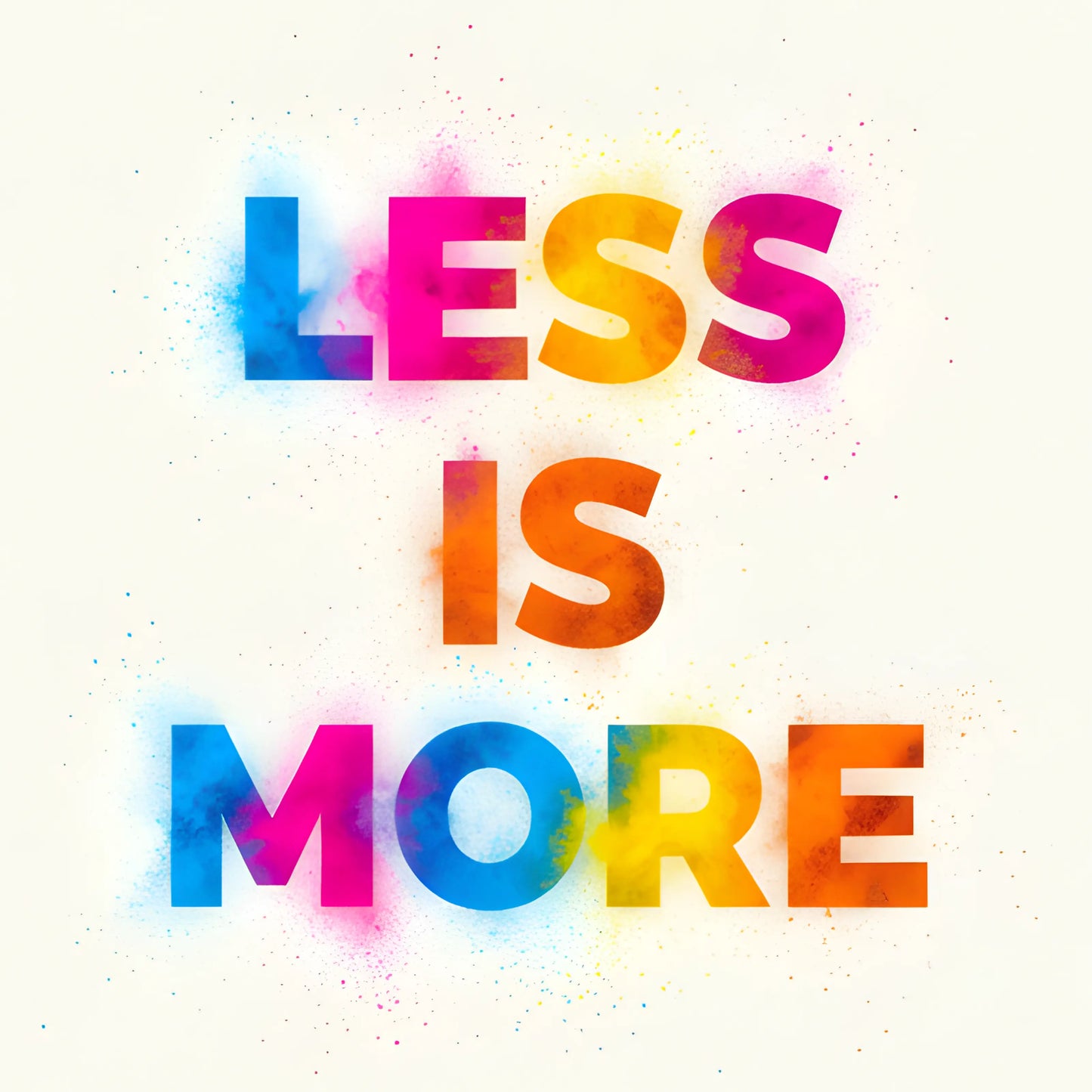 ForWalls.eu - Plakat Less Is More - Minimalist typography poster with colorful, spray-painted letters reading "LESS IS MORE" on white background. - minimalistyczny, plakat, typografia