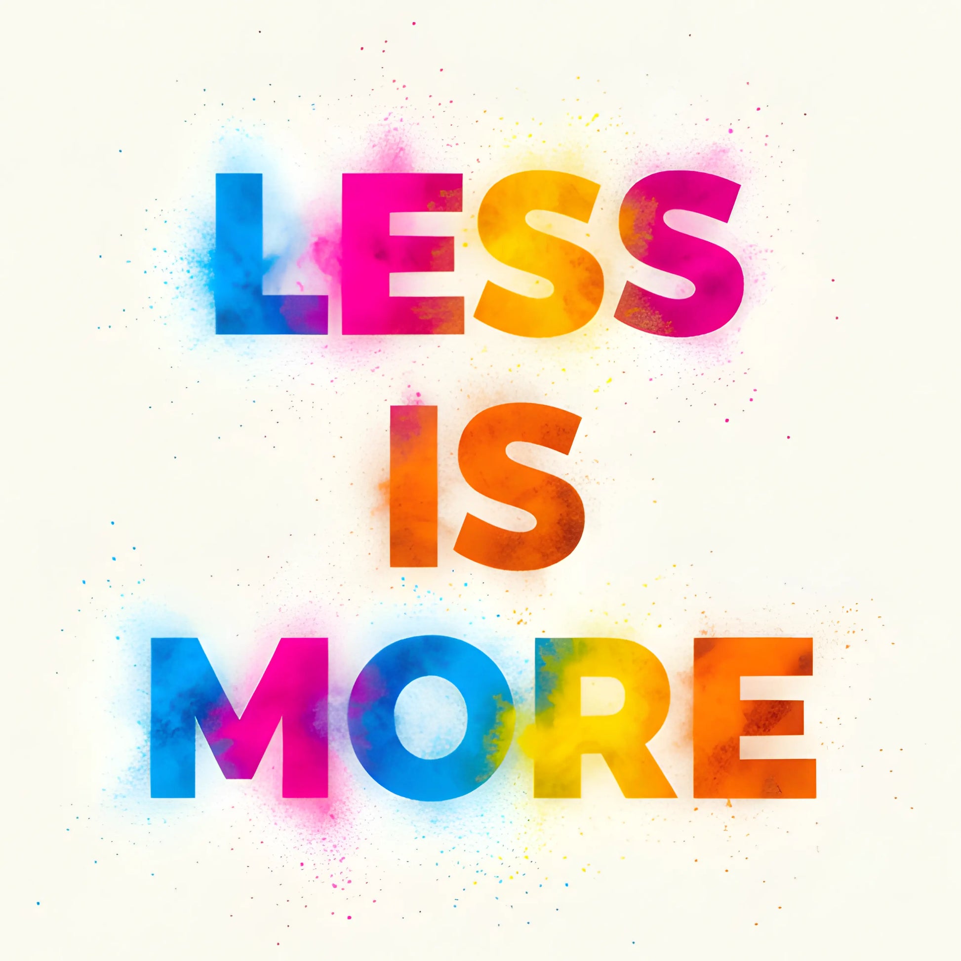 ForWalls.eu - Plakat Less Is More - Minimalist typography poster with colorful, spray-painted letters reading "LESS IS MORE" on white background. - minimalistyczny, plakat, typografia