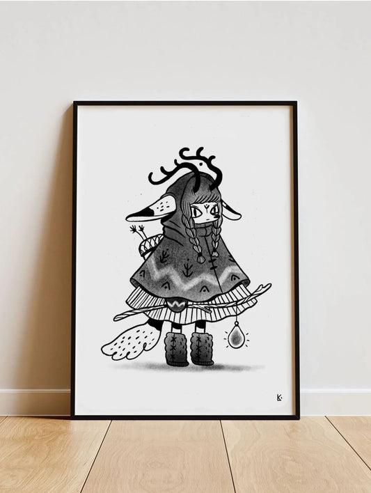 ForWalls.eu - Plakat Lightworker - Black and white illustration of a whimsical figure with flowing hair, patterned dress, and boots on white background. - export, Luiza Kwiatkowska, plakat, print