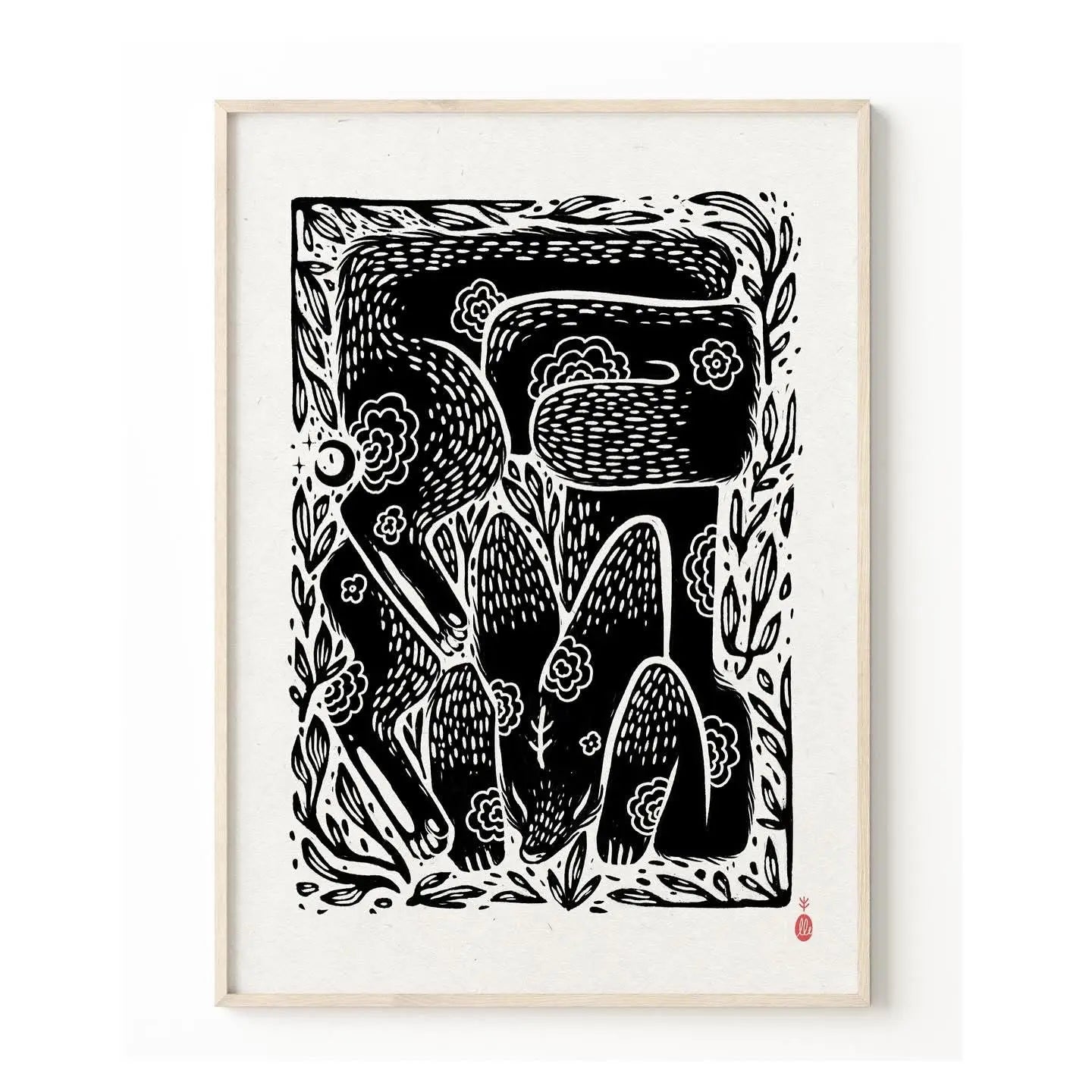 ForWalls.eu - Plakat Lisek - Black and white minimalist fox illustration with floral and geometric patterns, framed in light wood. - Luiza Kwiatkowska, plakat, print