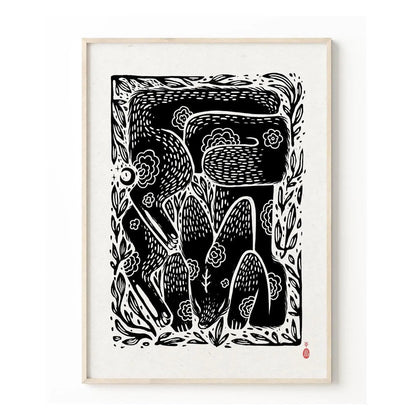ForWalls.eu - Plakat Lisek - Black and white minimalist fox illustration with floral and geometric patterns, framed in light wood. - Luiza Kwiatkowska, plakat, print