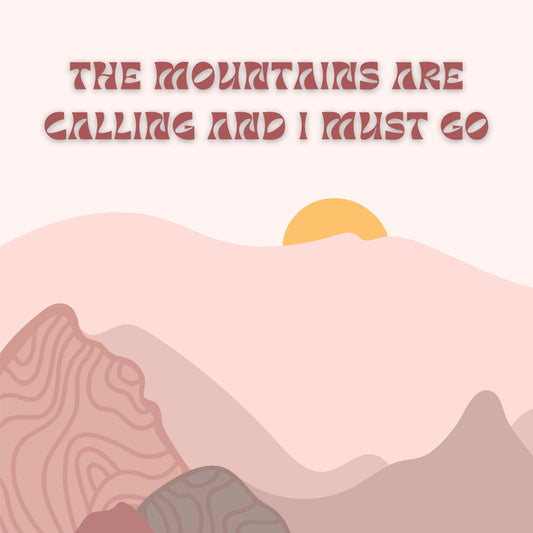 ForWalls.eu - Plakat Mountain Calling - Minimalist poster with layered soft pink, mauve, and beige mountains, pale orange sun, and bold rust text above. - góry, minimalistyczny, natura, plakat