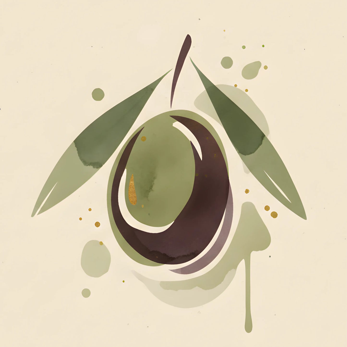 ForWalls.eu - Plakat Olive Oil - Minimalist poster featuring a large olive with two green leaves and abstract olive-green paint spots on beige background. - botaniczny, jedzenie, minimalistyczny, plakat