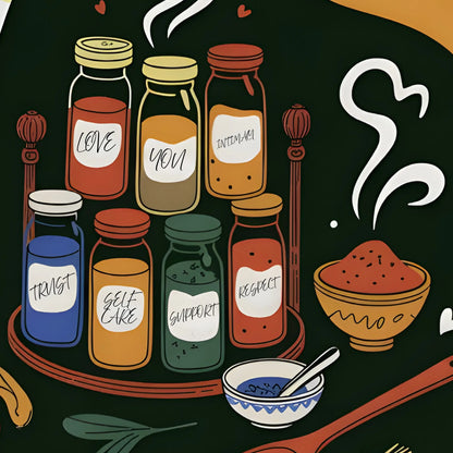 ForWalls.eu - Plakat Seasoned With Love - Minimalist poster with jars of spices and herbs labeled in warm colors, steaming bowl, and wooden spoons on black abstract. - jedzenie, kawa, miłość, plakat
