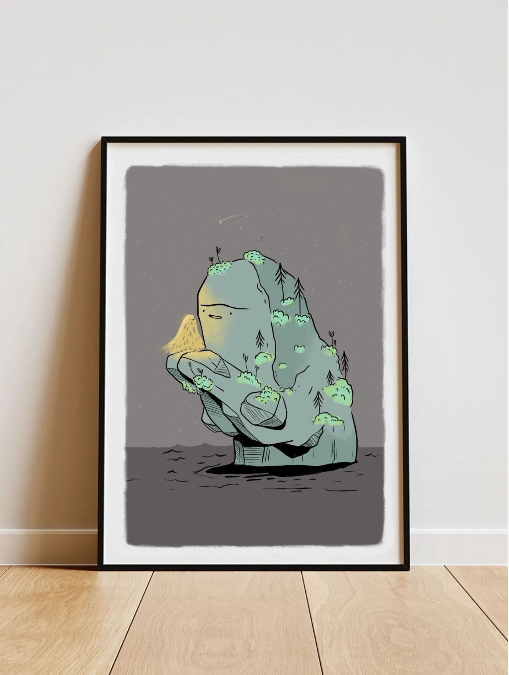 ForWalls.eu - Plakat Miłość - Minimalist poster with abstract green and yellow sculpture on dark gray background, framed in black and white border. - Luiza Kwiatkowska, plakat, print