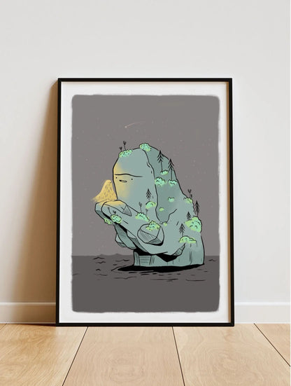 ForWalls.eu - Plakat Miłość - Minimalist poster with abstract green and yellow sculpture on dark gray background, framed in black and white border. - Luiza Kwiatkowska, plakat, print