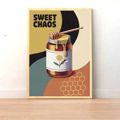 ForWalls.eu - Plakat Sweet Chaos - Poster with jar of honey dripping from dipper, sunflower label, bold "Sweet Chaos" text on beige background. - jedzenie, plakat, typografia