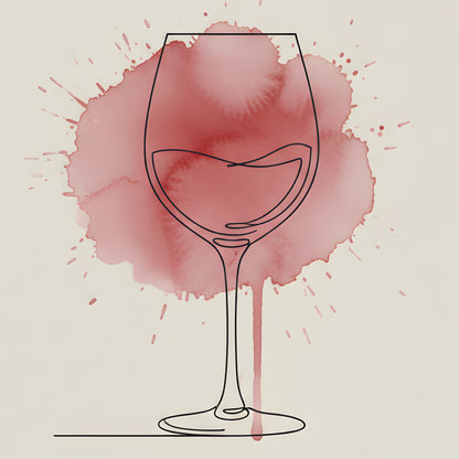 ForWalls.eu - Plakat Wine Splash - Minimalist poster featuring a continuous line drawing of a wine glass over a red wine splash background on beige paper. - minimalistyczny, plakat