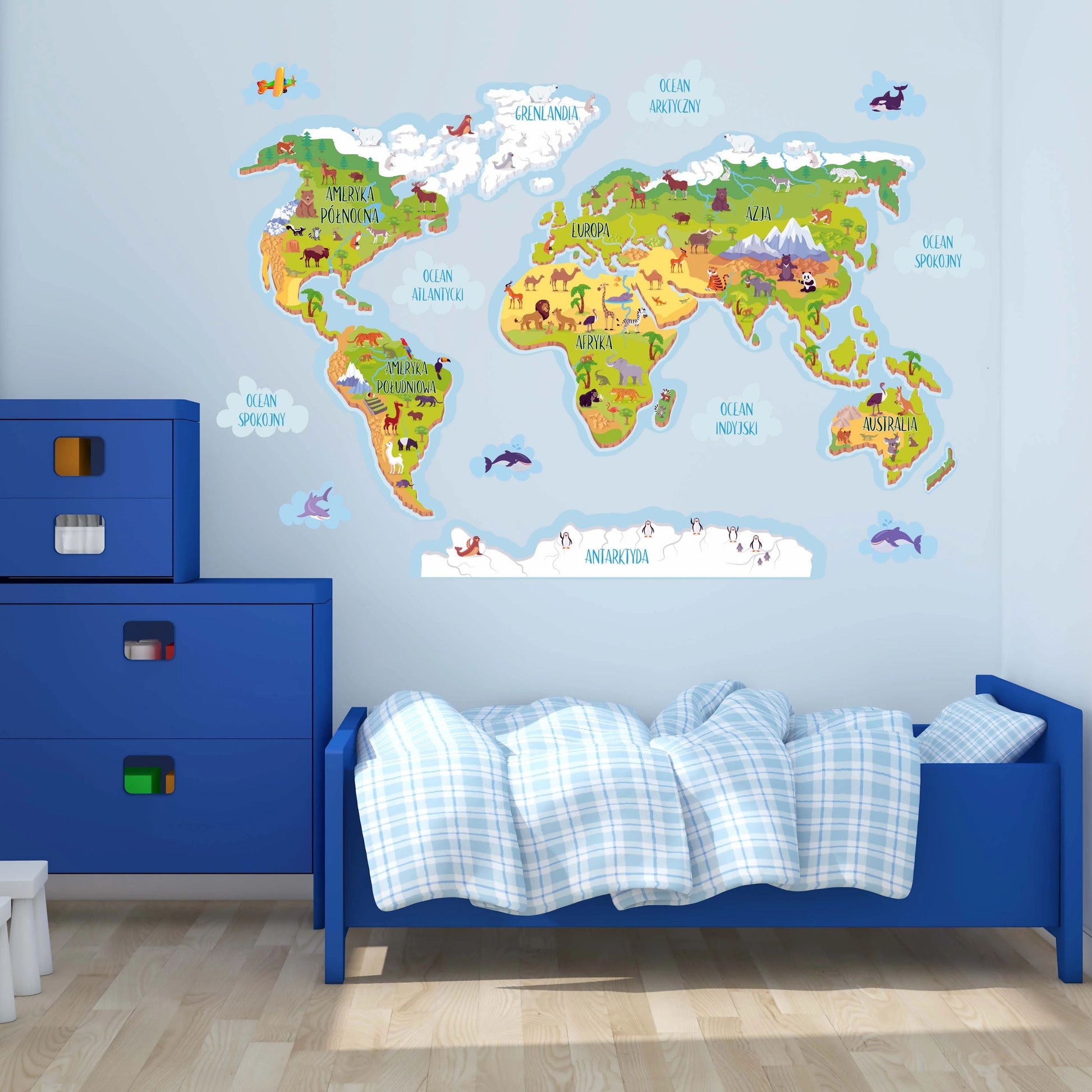 Edukacyjna Naklejka dla dzieci Mapa Świata Kontynenty Oceany Nauka  ForWalls.eu
