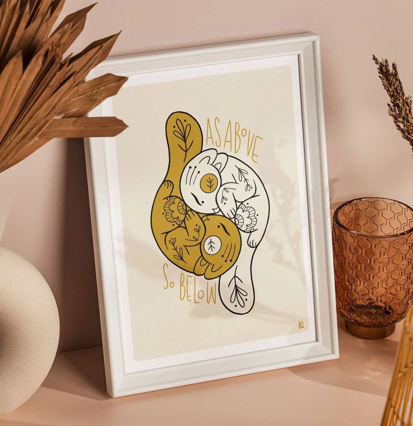 ForWalls.eu - Plakat Równowaga - Minimalist poster with a mustard yellow and white yin-yang design featuring botanical elements and "As Above So Below" text. - export, Luiza Kwiatkowska, plakat, print