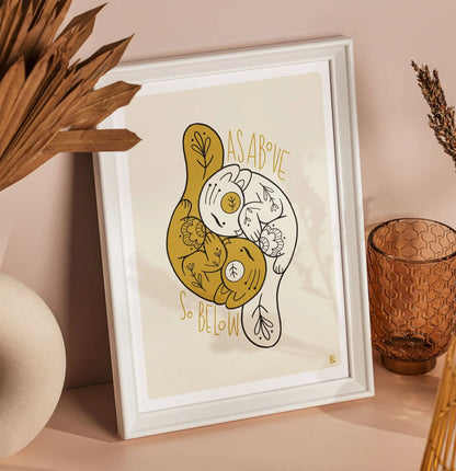 ForWalls.eu - Plakat Równowaga - Minimalist poster with a mustard yellow and white yin-yang design featuring botanical elements and "As Above So Below" text. - export, Luiza Kwiatkowska, plakat, print