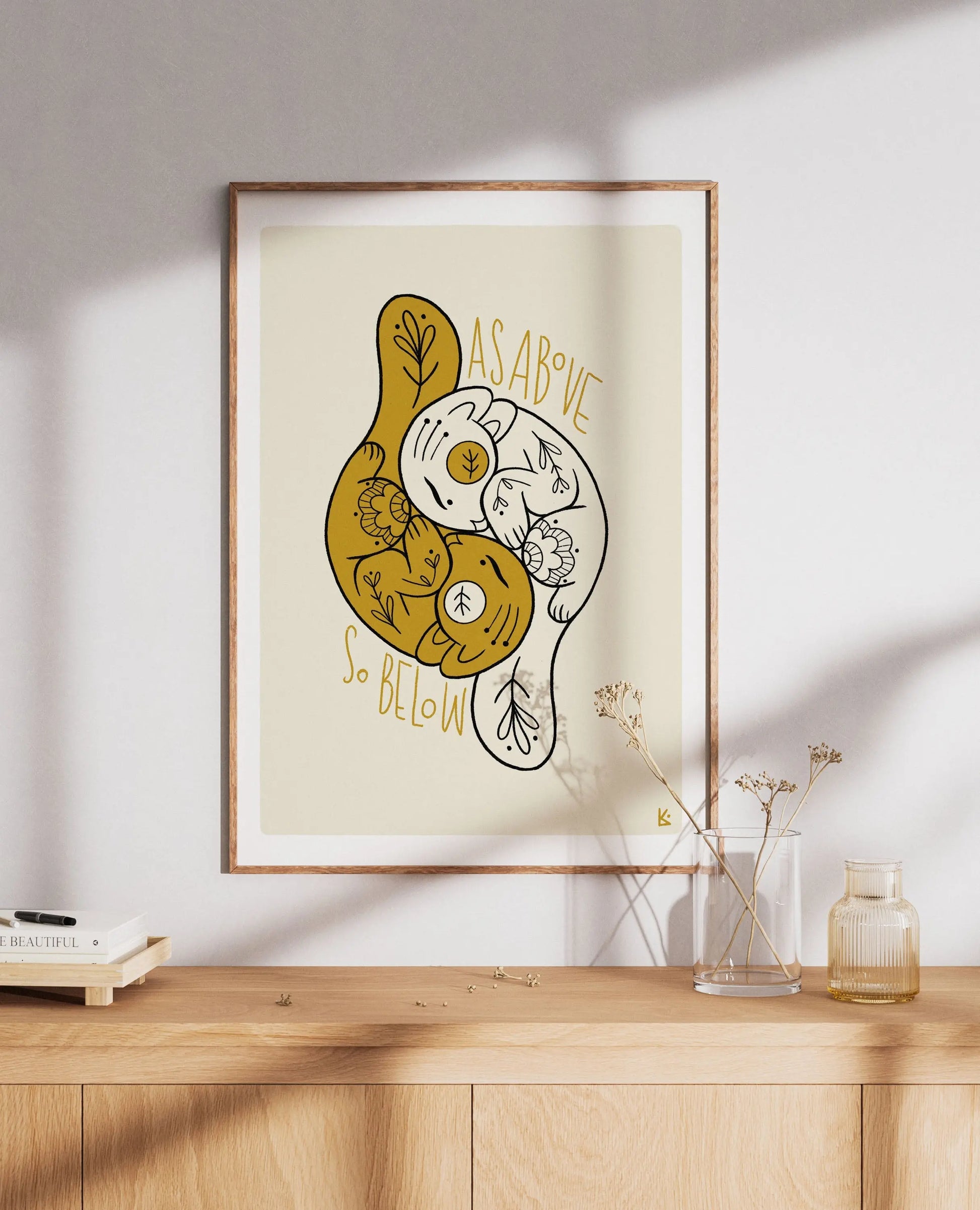 ForWalls.eu - Plakat Równowaga - Minimalist poster with mustard yellow and white yin-yang shapes featuring line art of animals, framed on a wall. - export, Luiza Kwiatkowska, plakat, print