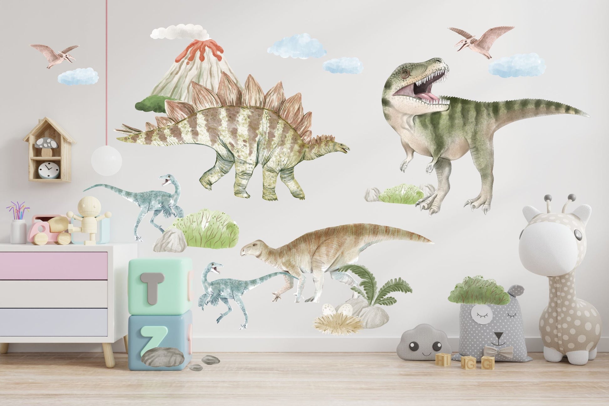 Naklejki dla dzieci na ścianę chłopiec dinozaury wulkan duży zestaw 100x200  ForWalls.eu