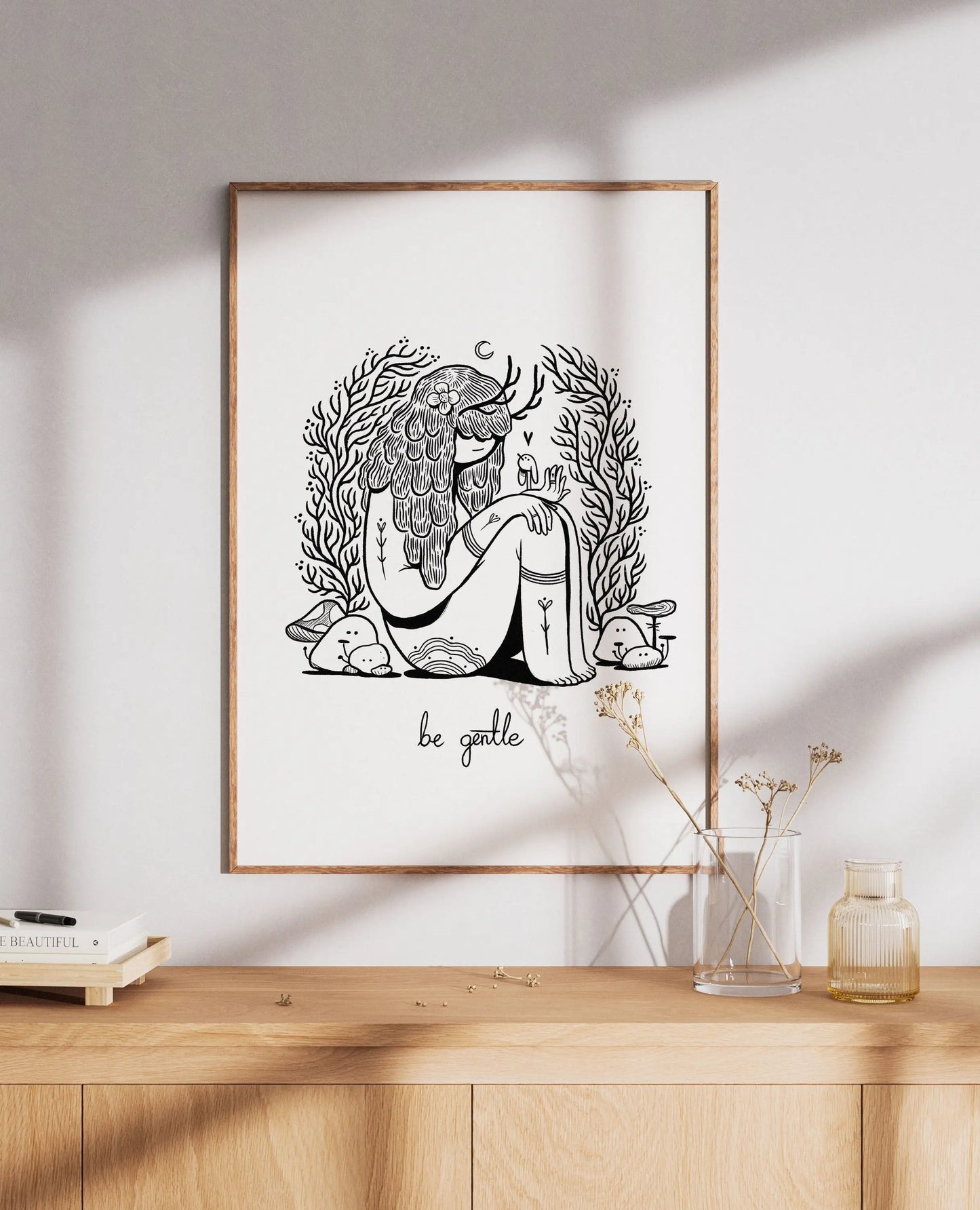 ForWalls.eu - Plakat Be Gentle - Minimalist black line drawing of a woman sitting with plants and a bird, text "be gentle" below on white background. - Luiza Kwiatkowska, plakat, print