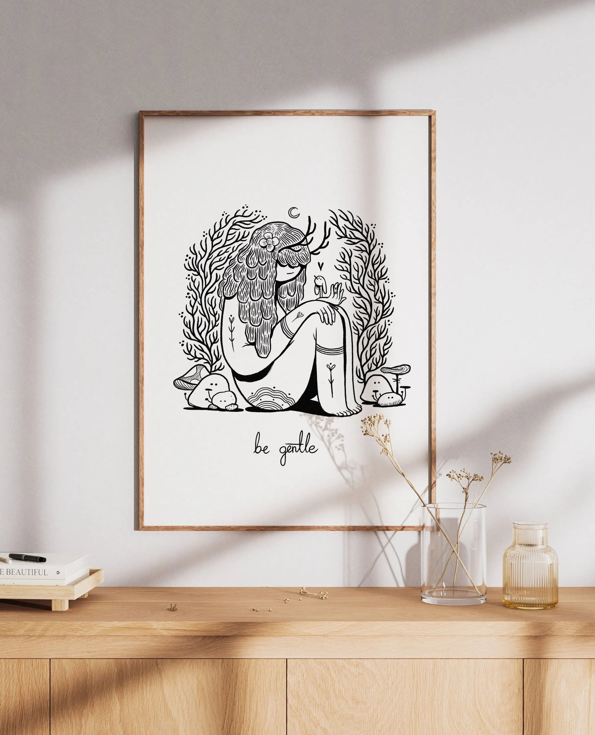 ForWalls.eu - Plakat Be Gentle - Minimalist black line drawing of a woman sitting with plants and a bird, text "be gentle" below on white background. - Luiza Kwiatkowska, plakat, print