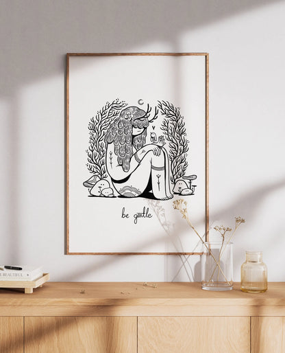ForWalls.eu - Plakat Be Gentle - Minimalist black line drawing of a woman sitting with plants and a bird, text "be gentle" below on white background. - Luiza Kwiatkowska, plakat, print