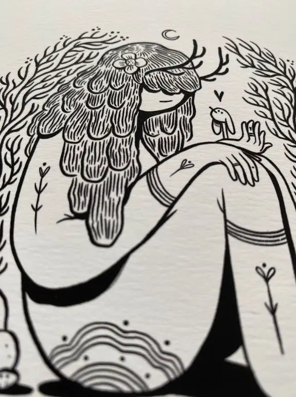 ForWalls.eu - Plakat Be Gentle - Minimalist black ink drawing of a seated woman with flowing hair blending into branches and flowers on cream paper. - Luiza Kwiatkowska, plakat, print