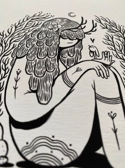 ForWalls.eu - Plakat Be Gentle - Minimalist black ink drawing of a seated woman with flowing hair blending into branches and flowers on cream paper. - Luiza Kwiatkowska, plakat, print