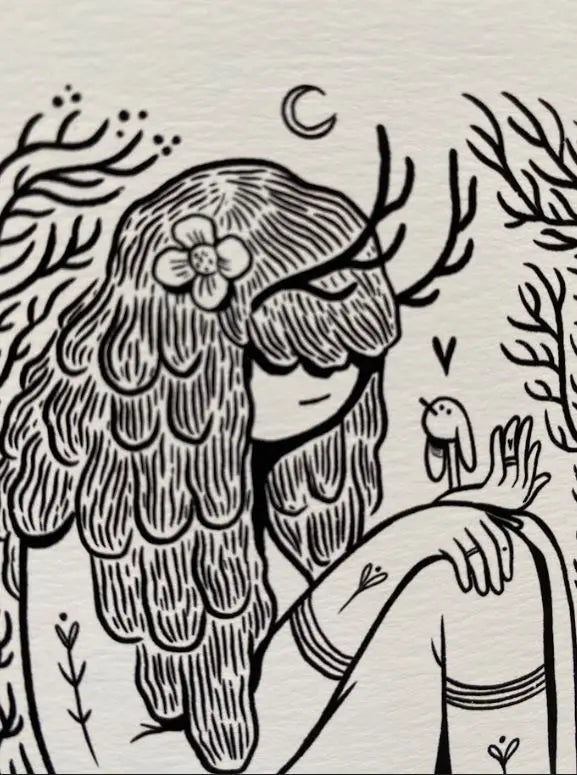 ForWalls.eu - Plakat Be Gentle - Minimalist black ink illustration of a girl with antlers, long textured hair, a flower, and small animals on cream paper. - Luiza Kwiatkowska, plakat, print