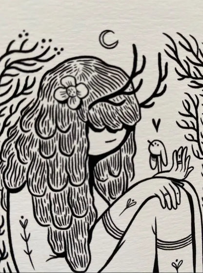ForWalls.eu - Plakat Be Gentle - Minimalist black ink illustration of a girl with antlers, long textured hair, a flower, and small animals on cream paper. - Luiza Kwiatkowska, plakat, print
