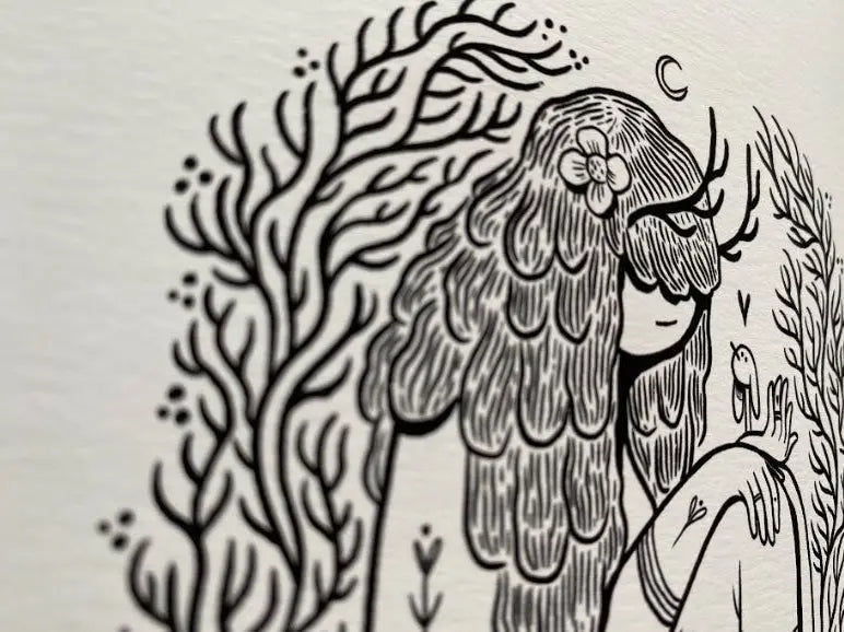 ForWalls.eu - Plakat Be Gentle - Black and white illustration of a girl with long flowing hair, closed eyes, surrounded by abstract leaf patterns. - Luiza Kwiatkowska, plakat, print
