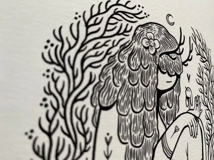 ForWalls.eu - Plakat Be Gentle - Black and white illustration of a girl with long flowing hair, closed eyes, surrounded by abstract leaf patterns. - Luiza Kwiatkowska, plakat, print