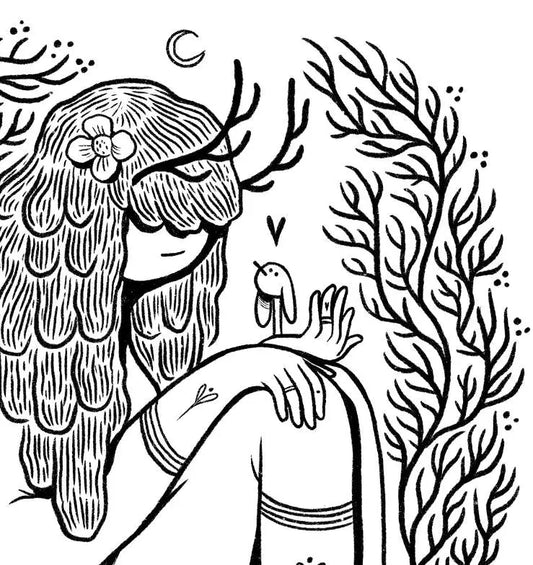 ForWalls.eu - Plakat Be Gentle - Black and white illustration of a girl with antlers and long hair holding a small bird, surrounded by plants and a crescent. - Luiza Kwiatkowska, plakat, print