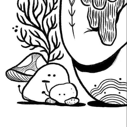 ForWalls.eu - Plakat Be Gentle - Minimalist black line illustration of two hugging bears with abstract plants and shapes on white background. - Luiza Kwiatkowska, plakat, print
