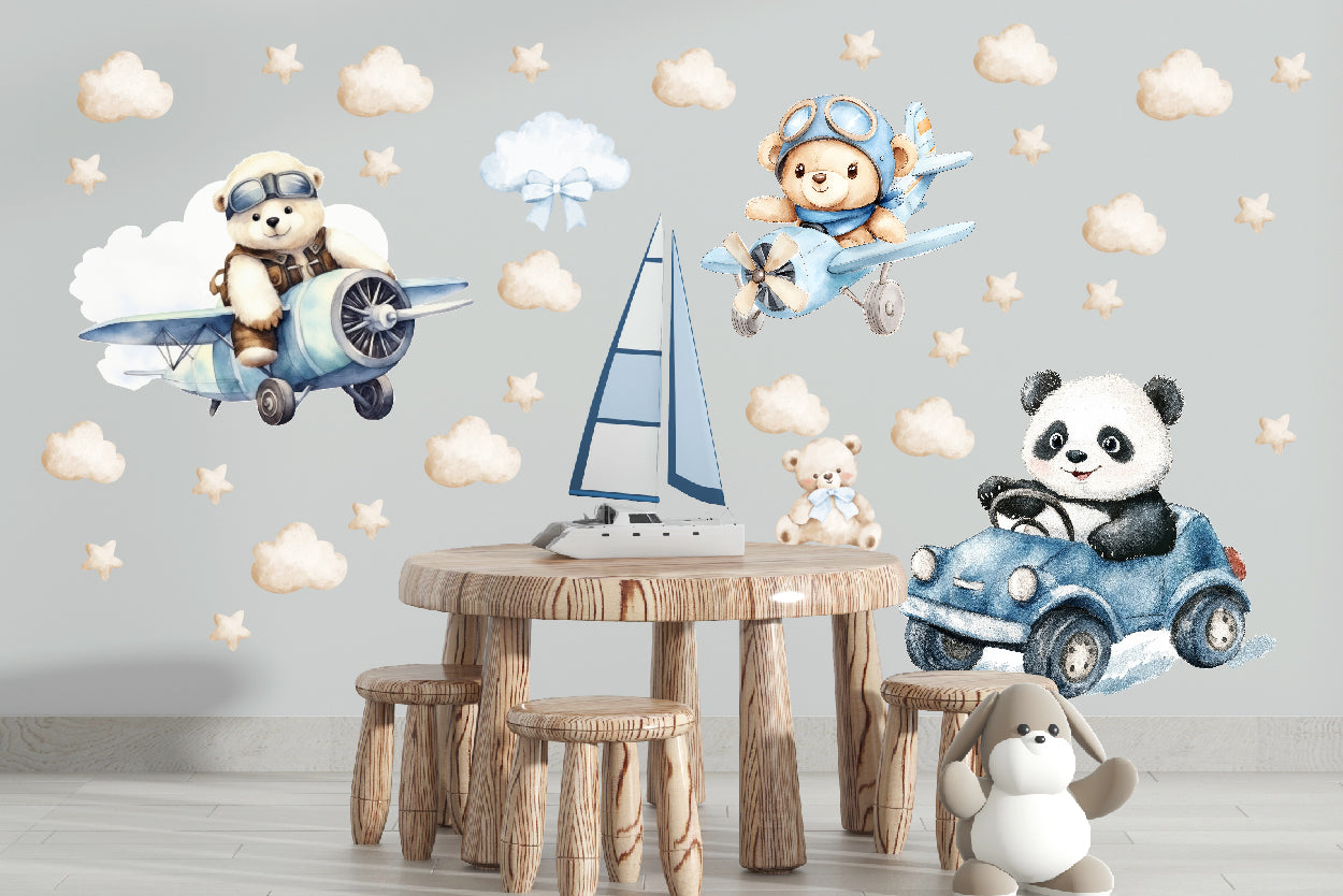 Pastelowe Naklejki na ścianę dla dzieci chłopca niemowlaka Autka Miś Panda  ForWalls.eu