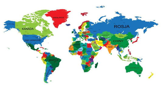 Naklejka edukacyjna Kolorowa Mapa Świata Nazwy Państw dla dzieci 100x200