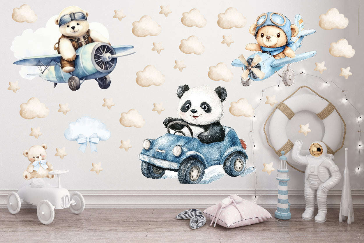 Pastelowe Naklejki na ścianę dla dzieci chłopca niemowlaka Autka Miś Panda  ForWalls.eu