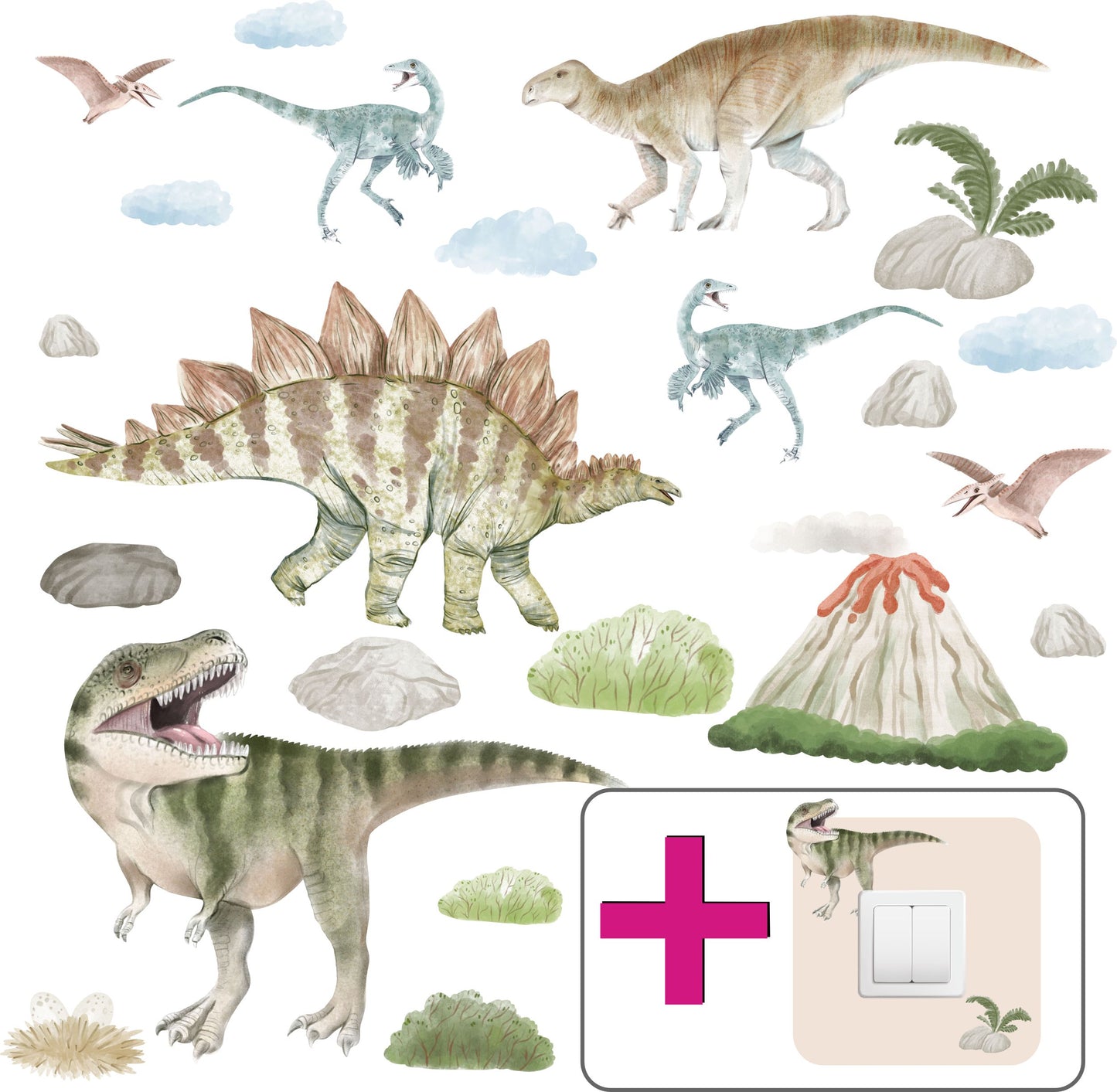 Naklejki na ścianę dla chłopca Dinozaury dla dzieci GRATIS Kontakt Włącznik