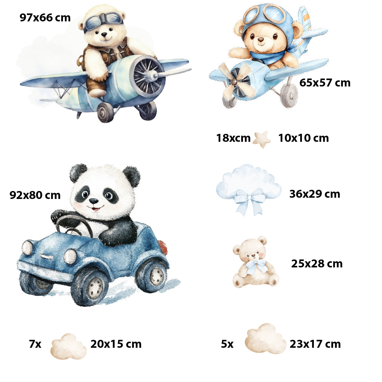 Pastelowe Naklejki na ścianę dla dzieci chłopca niemowlaka Autka Miś Panda  ForWalls.eu