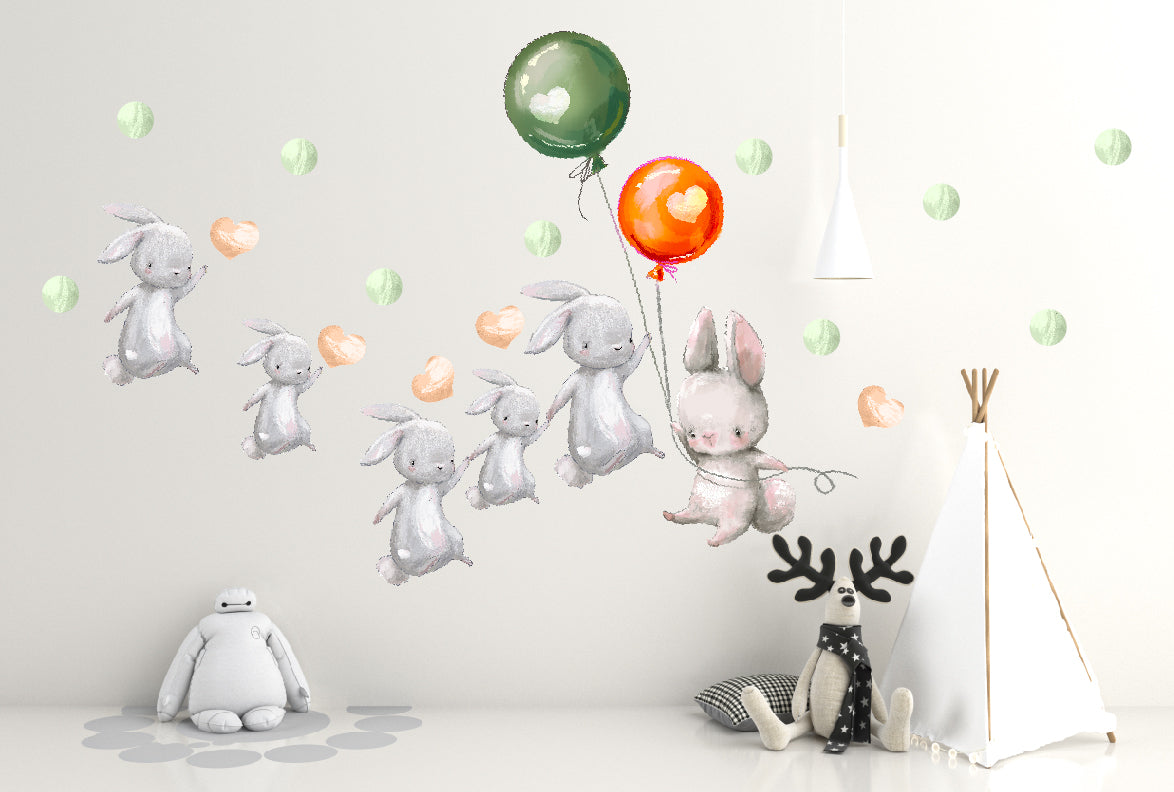 Kolorowe naklejki ścienne dla dzieci dziecięce na ścianę Króliczki balony  ForWalls.eu