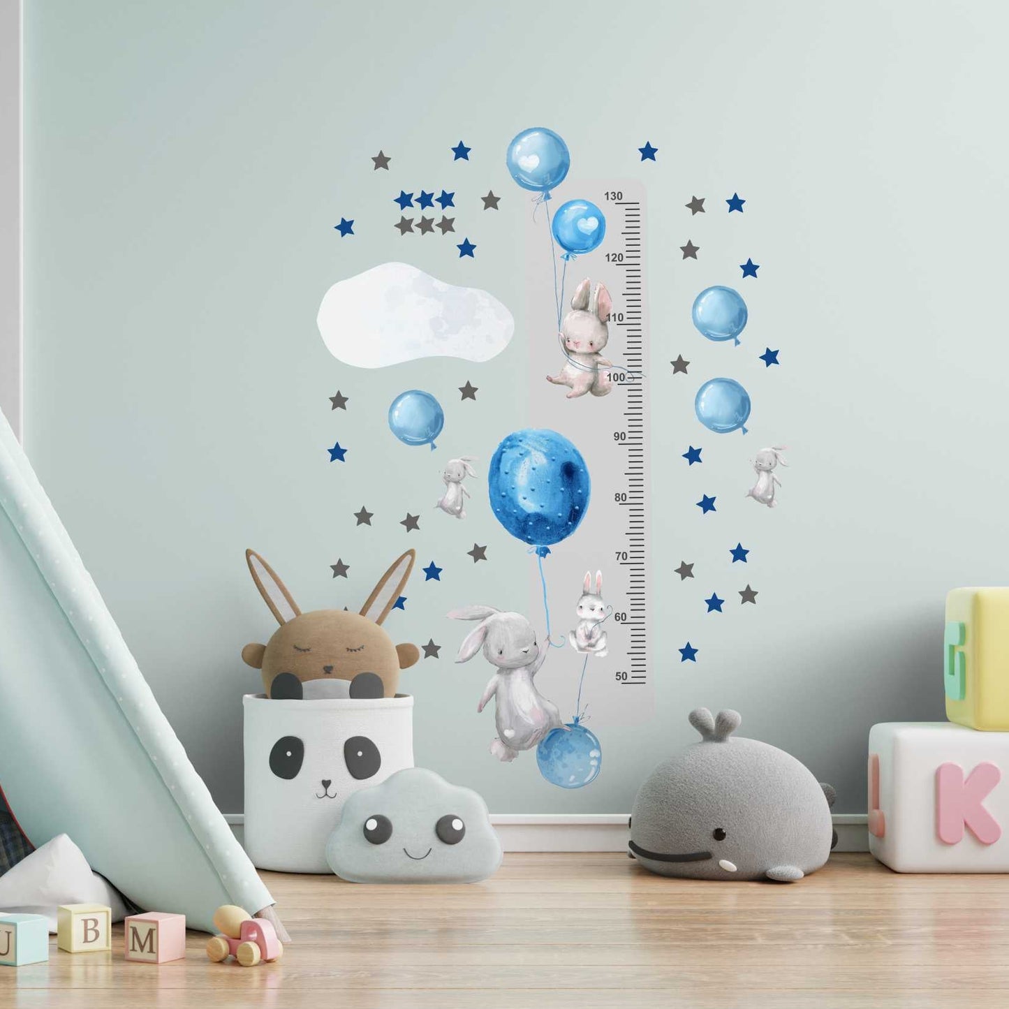 Miarka wzrostu dla dzieci Naklejka króliczki i niebieskie balony  45x120  ForWalls.eu