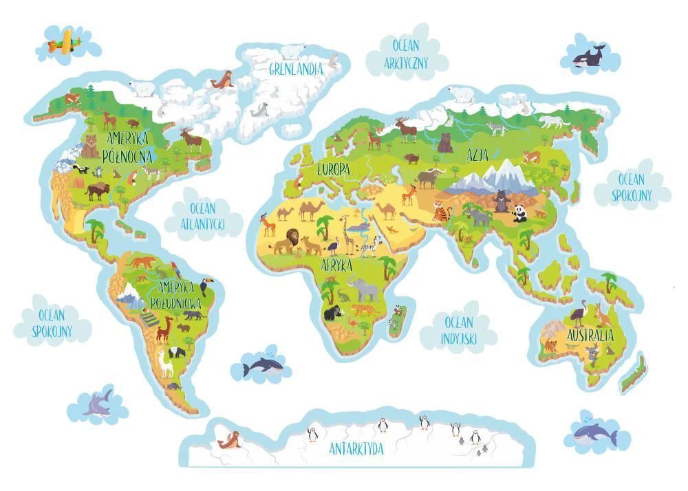 Edukacyjna Naklejka dla dzieci Mapa Świata Kontynenty Oceany Nauka 100x200