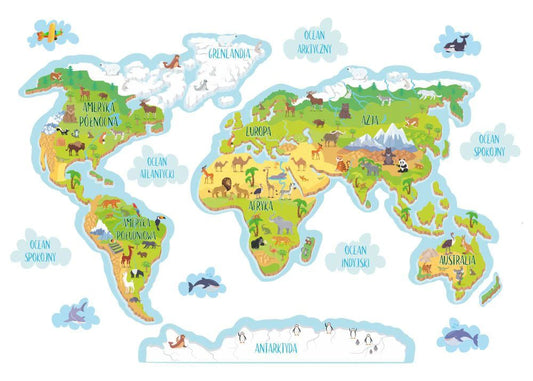 Edukacyjna Naklejka dla dzieci Mapa Świata Kontynenty Oceany Nauka 100x200