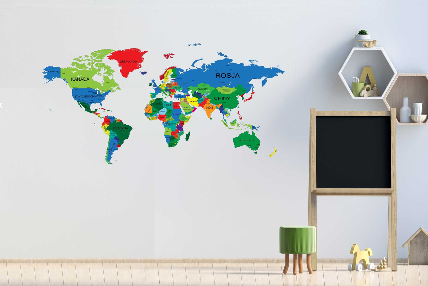 Naklejka edukacyjna Kolorowa Mapa Świata Nazwy Państw dla dzieci 100x200  ForWalls.eu
